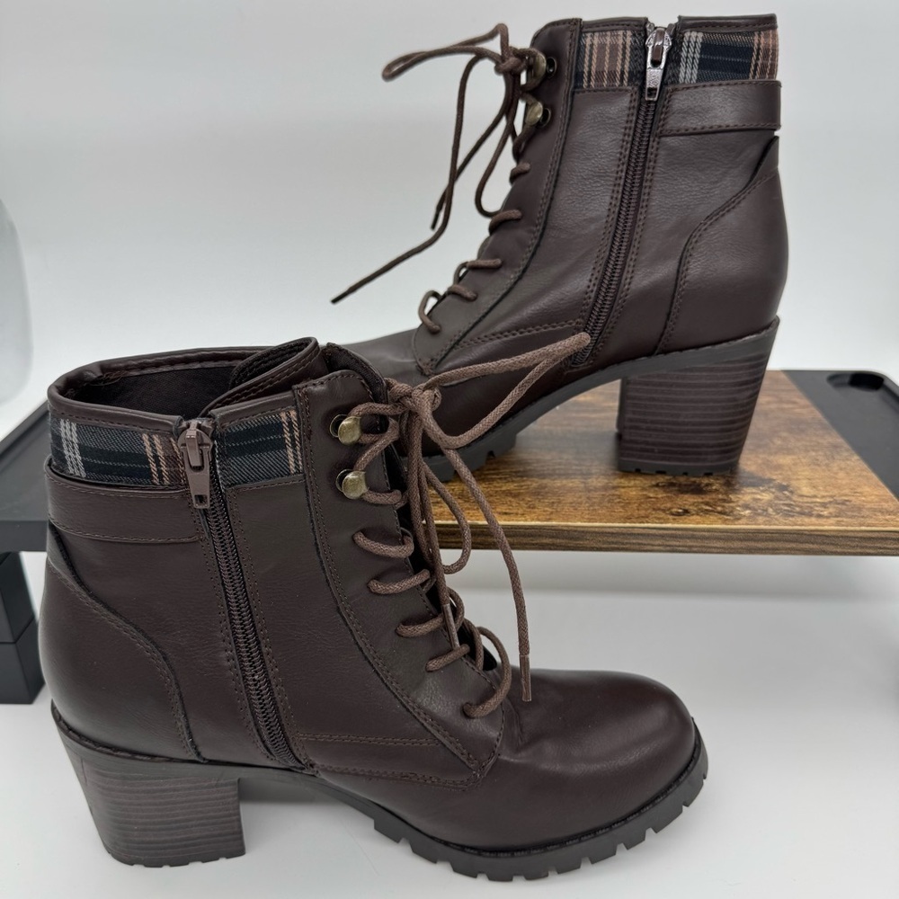 Seychelles Lace-Up Heeled Combat Boots – Brown with Plaid Cuff – Size 9.5 - Picture 5 of 11